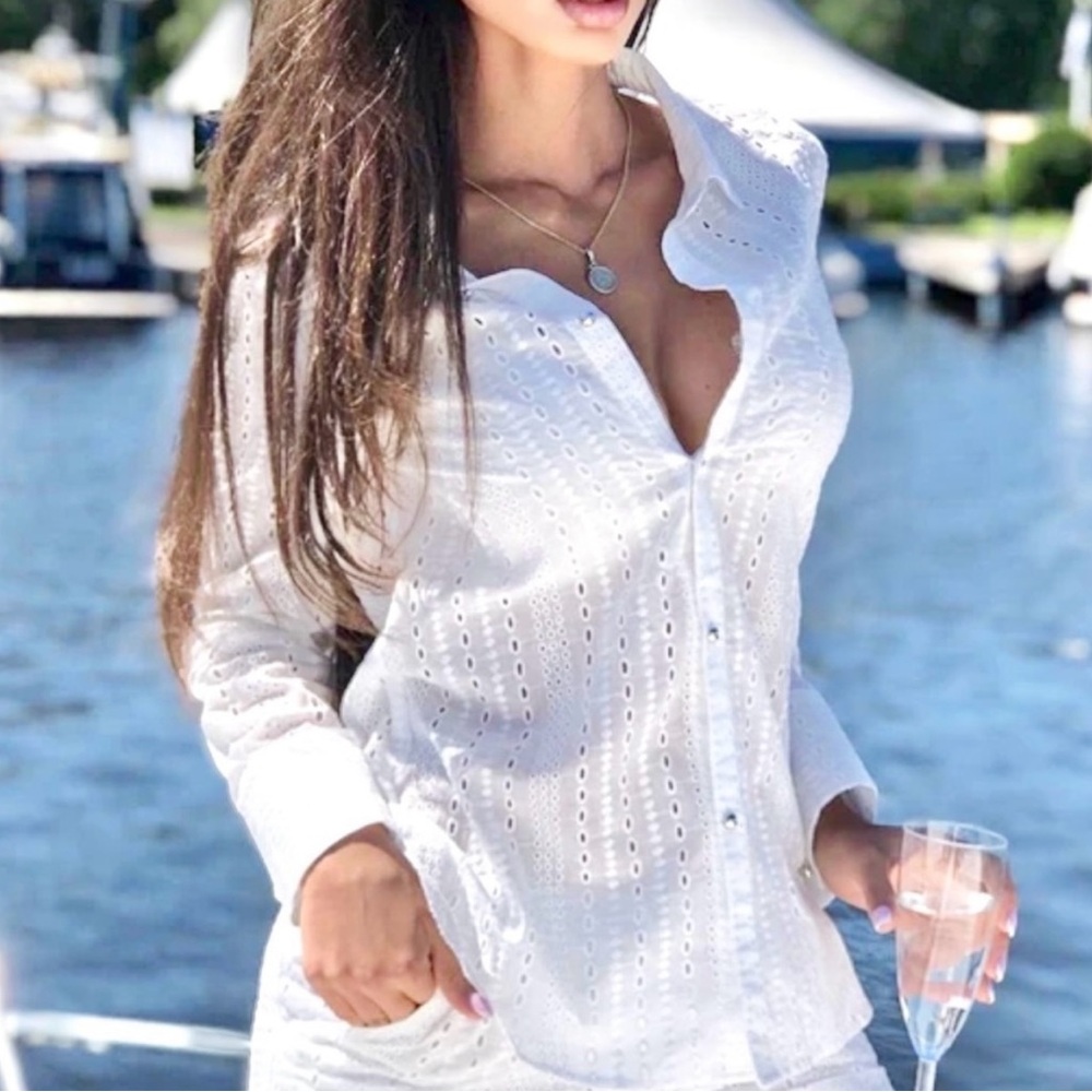 White eyelet button-down shirt
